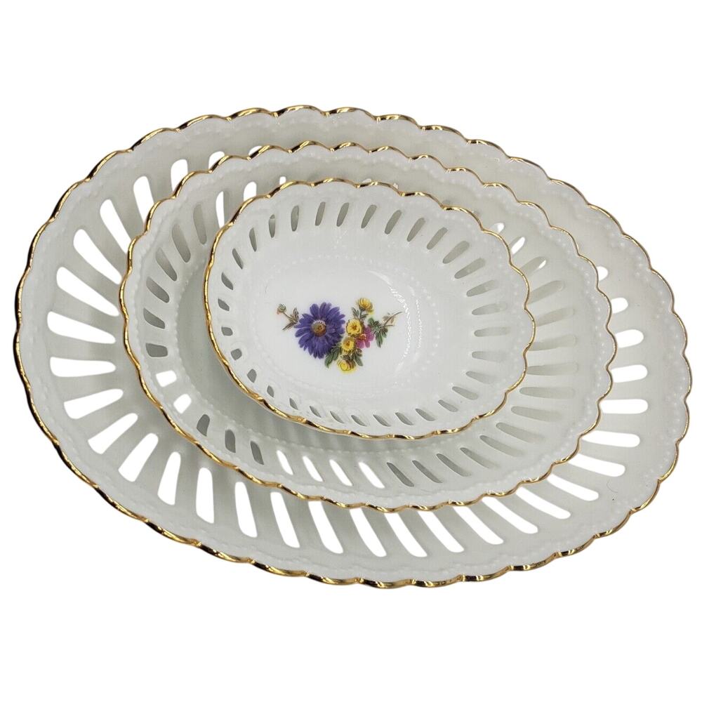 MINT - MPM Reine Handarbeit Germany Reticulated 3 Oval Bowls 24K Gold Edge